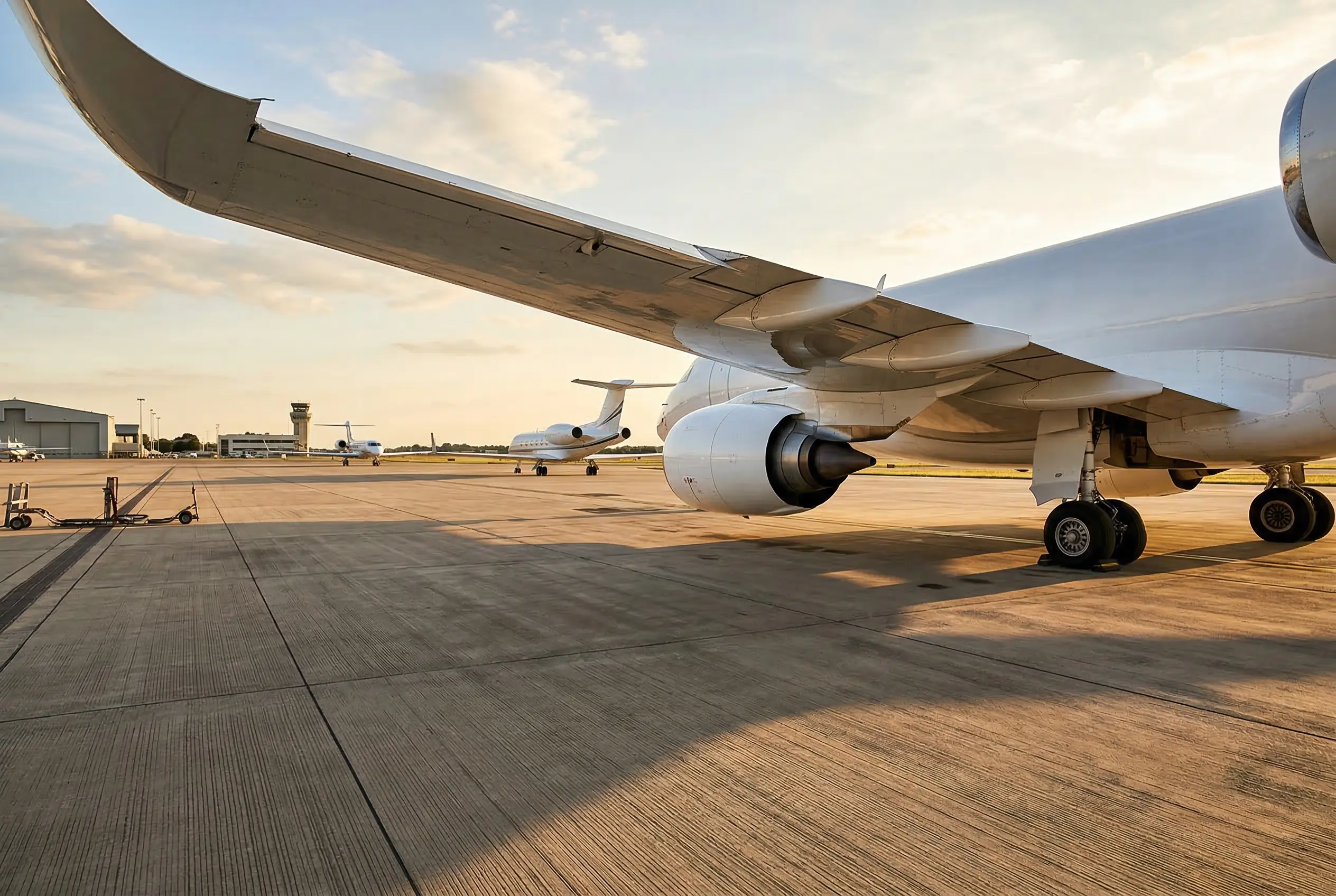 Ground-level view under the wing of a large private jet